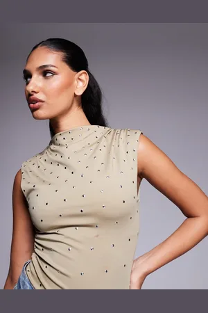 ASOS High neck hotfix stud bodysuit in light khaki