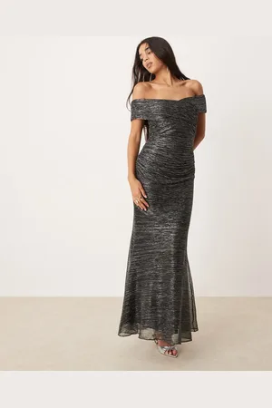Forever New Ruched metallic plisse midaxi dress in charcoal