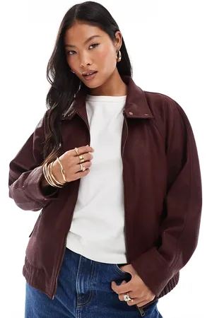 ASOS ASOS DESIGN Petite leather look bomber jacket in burgundy