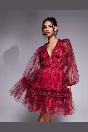 Lace & Beads Balloon sleeve organza mini dress in and fuchsia floral