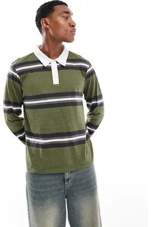 Another Influence Striped long sleeve polo shirt in khaki