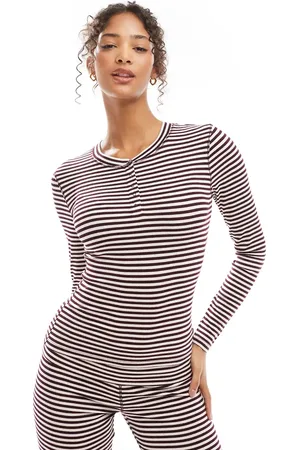 Cotton On Sleep recovery button down pyjama long sleeve top in burgundy stripe co-ord