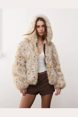Monki Fur hooded jacket in cream snow leopard print