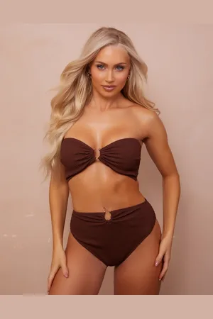 Wolf & Whistle Fuller Bust x Abby Benson high waist bikini bottom with gold trim detail in crinkle
