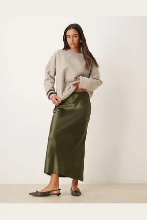 New Look Satin midi bias skirt in khaki
