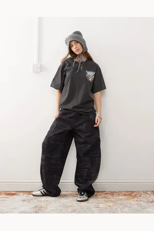 Reclaimed Barrel leg trouser in burgundy distressed denim print