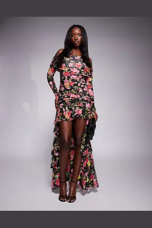 AFRM Kellie off the shoulder maxi dress with train detail in wallpaper rose print