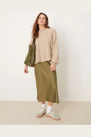 Y.A.S Satin midi skirt in olive