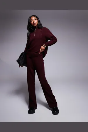 Missyempire Knitted wide leg trouser co-ord in burgundy