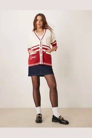 GANT Logo varsity knitted cardigan in cream and red