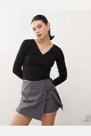 Reclaimed Lace trim v-neck long sleeve top in black
