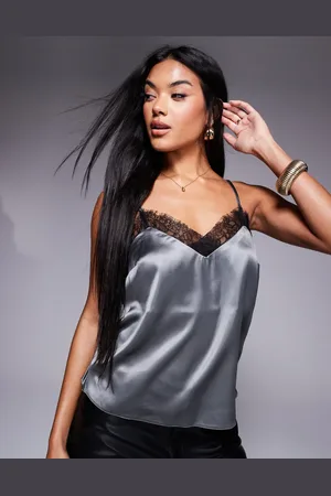 New Look Lace trim satin cami in pewter