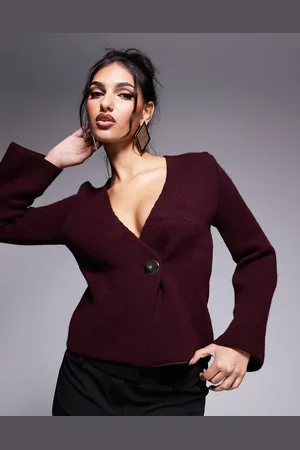 River Island Asymetric button cardigan in burgundy