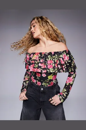 AFRM Saylor long sleeve off the shoulder ruffle bodysuit in rose print