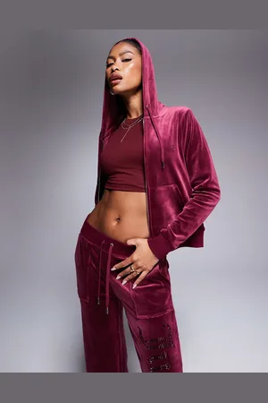 Juicy Couture Velour tonal jewel zip through hoodie co-ord in burgandy