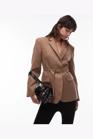 MANGO Belted wool touch blazer co-ord in camel