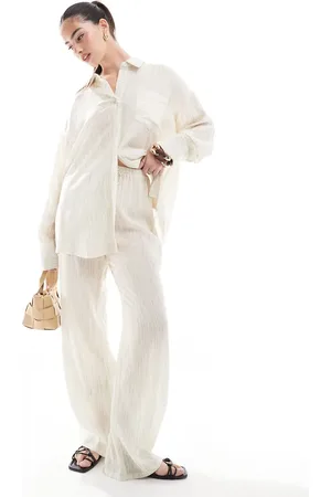 4th & Reckless Textured high waist beach trouser co-ord in beige