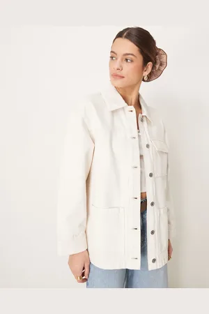 Abercrombie & Fitch Utility shacket with leather collar in beige
