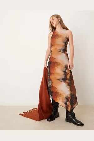New Look Mesh asymmetric hem midi dress in orange pattern