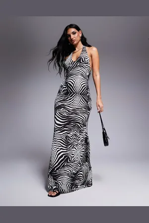 AFRM Rue halter maxi dress in shiny knit in zebra swirl