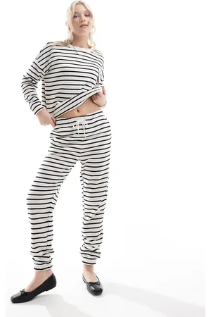 Pieces® High waist jogger co-ord in black and stripe