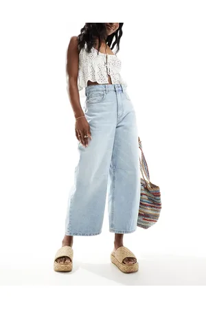 ASOS Cropped barrel leg jeans with cinch waist in midwash