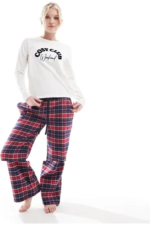 Threadbare Threabare Cosy Club long pyjamas set with check bottoms