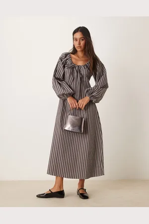 Glamorous Tie front volume sleeve maxi smock dress in grey black stripe