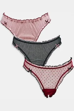 ASOS 3 pack scrunchie thongs in animal print, pink pointelle & burgundy spot mesh