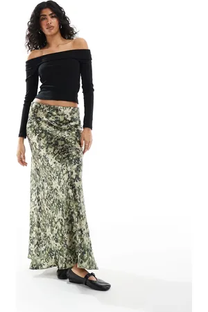 Threadbare Satin maxi skirt in khaki digital print