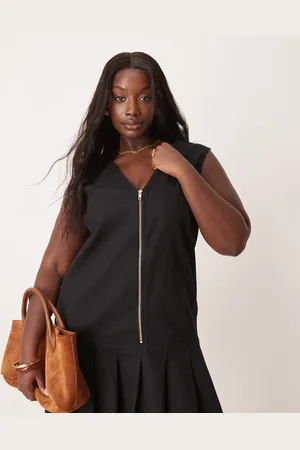 ASOS ASOS DESIGN Curve zip through mini twill pinny dress with pleated skirt in