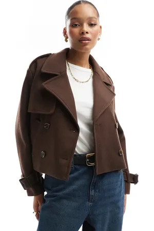 Bershka Cropped wool look trench coat in chocolate