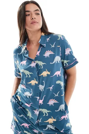 Chelsea Peers Curve poly short sleeve revere pyjama set in pastel dino print