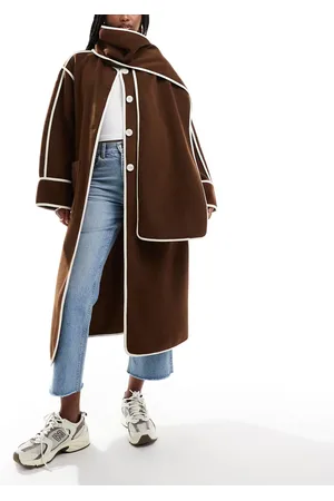 In The Style Contrast trim midi coat with detachable scarf in chocolate
