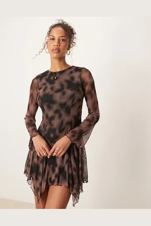 New Look Mesh long sleeve mini dress in floral print