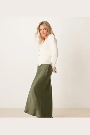 New Look Satin midi bias skirt in khaki