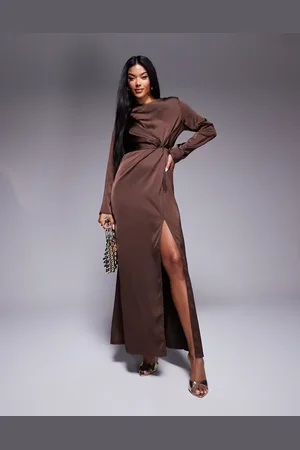 In The Style X Hannah satin twist detail maxi dress in chocolate