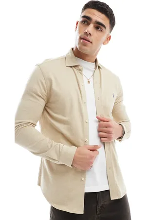 Ralph Lauren Icon logo estate collar herringbone print jersey shirt in beige marl