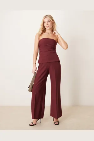 Abercrombie & Fitch Strapless longline tube jumpsuit with velvet detailing in burgundy