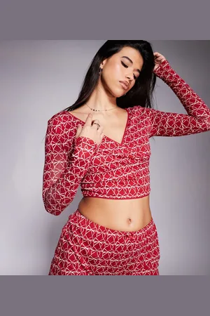 Kaiia Exclusive mix and match wrap front pyjama top co-ord in burgundy bow print