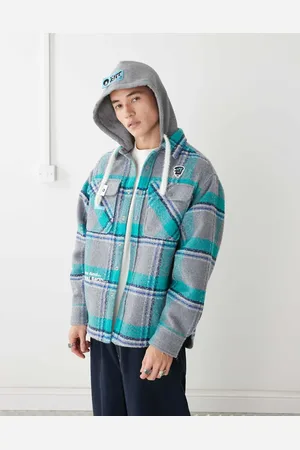 A Bathing Ape Aape By A Bathing Ape long sleeve hooded shacket in blue and grey check