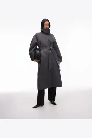 & OTHER STORIES & belted wool blend maxi coat with high funnel and sculptural sleeves in dark