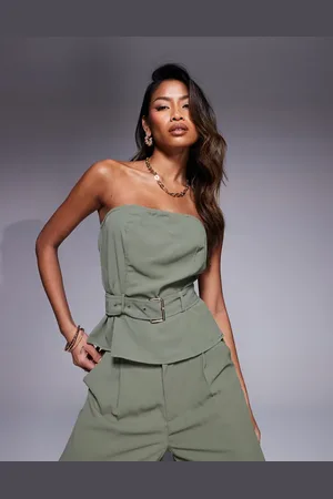 In The Style X Natalya Wright exclusive tailored bandeau belted top co-ord in khaki
