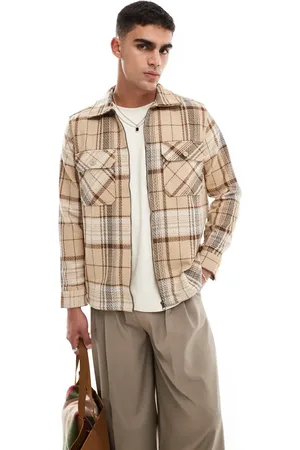 Only & Sons Zip through wool look overshirt in beige check