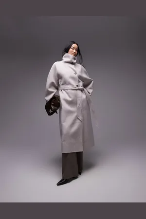 & OTHER STORIES & belted wool blend maxi coat with high funnel and sculptural sleeves in mole