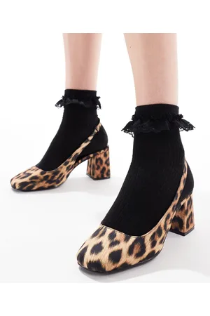 London Rebel Sling back block heeled mules in patent leopard