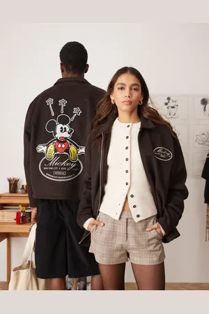 ASOS Disney unisex oversized wool harrington jacket with Mickey Mouse embroidery in deep brown