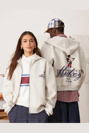 ASOS Disney unisex boxy oversized scuba zip through hoodie with Mickey Mouse prints in marl