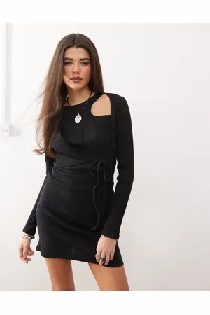 COLLUSION Long sleeve rib mini dress with asymm tie and cut out detail