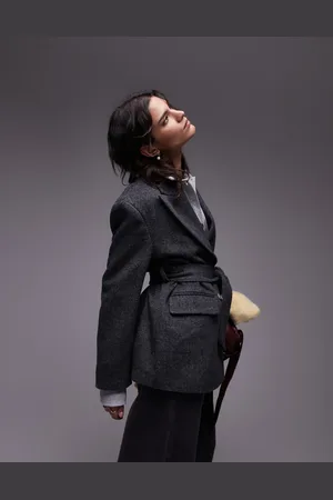Topshop Double breasted belted twill blazer coat in charcoal